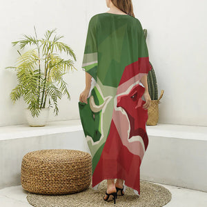 Green Bull And Red Bear Stock Print Silk V-Neck Kaftan Dress