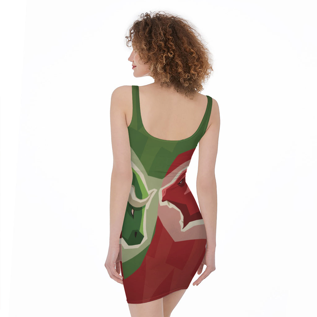 Green Bull And Red Bear Stock Print Sleeveless Bodycon Dress