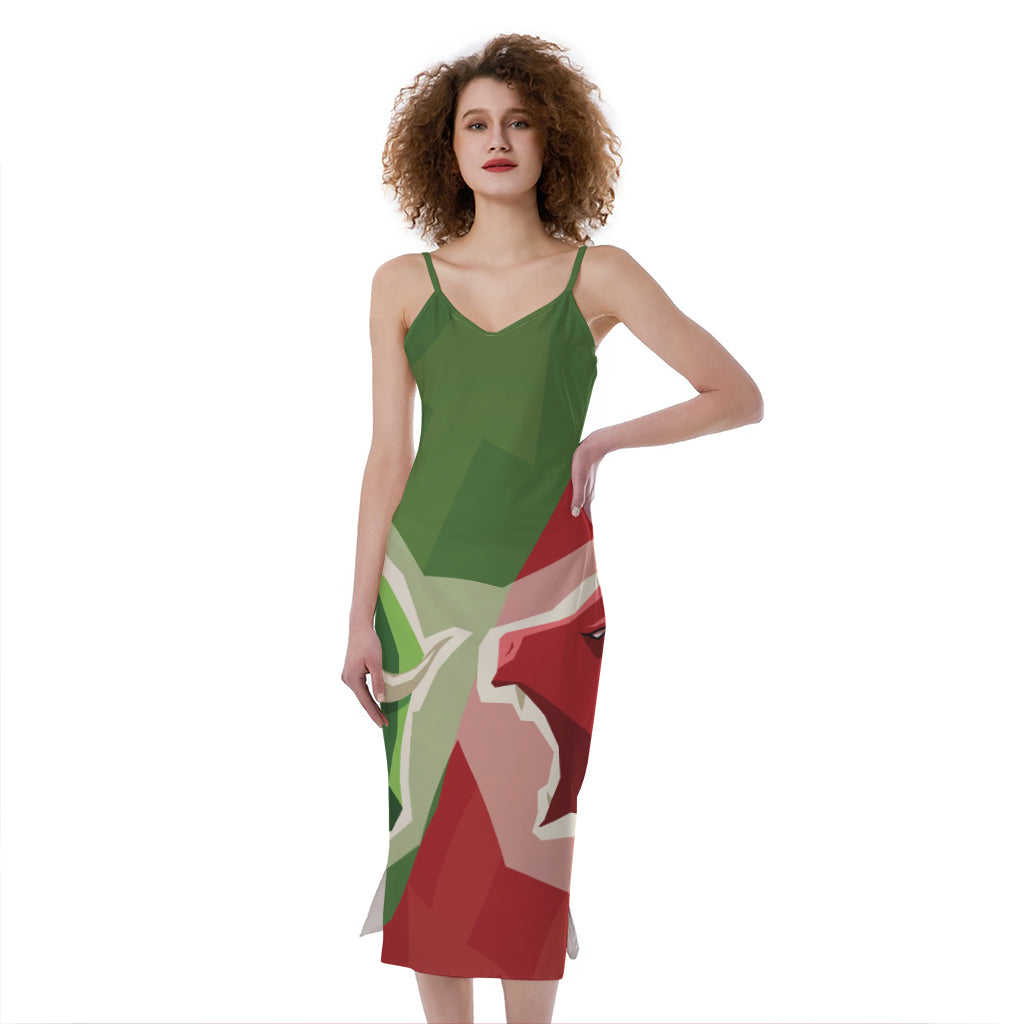 Green Bull And Red Bear Stock Print Slim Fit Midi Cami Dress