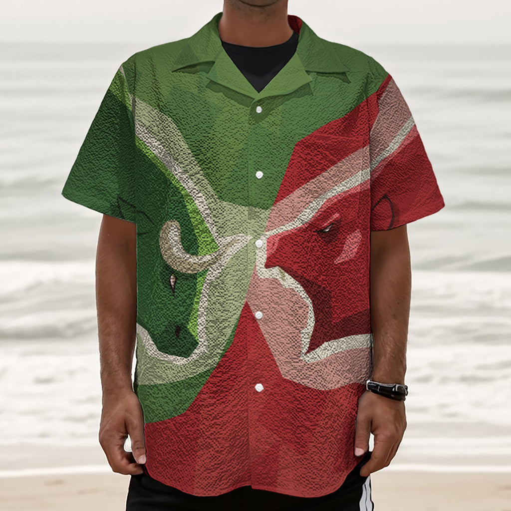 Green Bull And Red Bear Stock Print Textured Short Sleeve Shirt