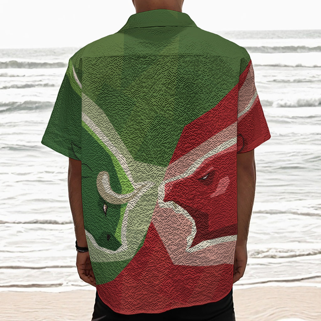 Green Bull And Red Bear Stock Print Textured Short Sleeve Shirt