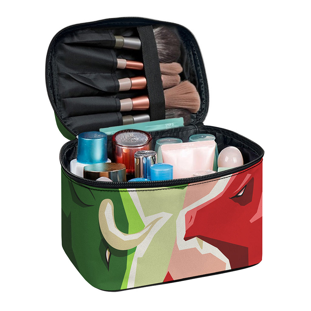 Green Bull And Red Bear Stock Print Travel Makeup Bag