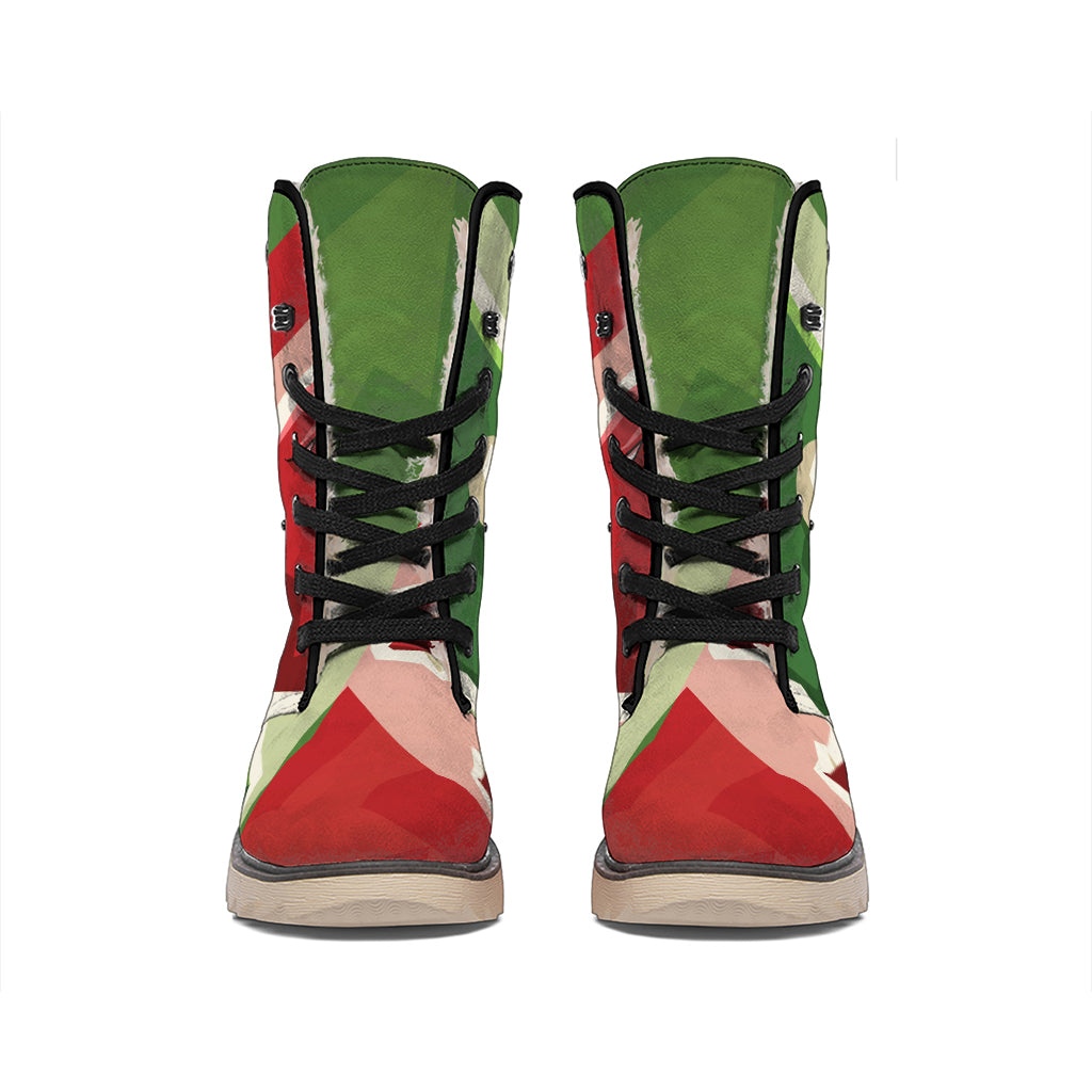 Green Bull And Red Bear Stock Print Winter Boots