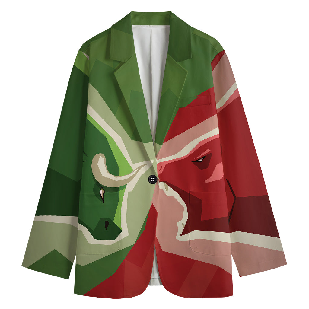 Green Bull And Red Bear Stock Print Women's Cotton Blazer