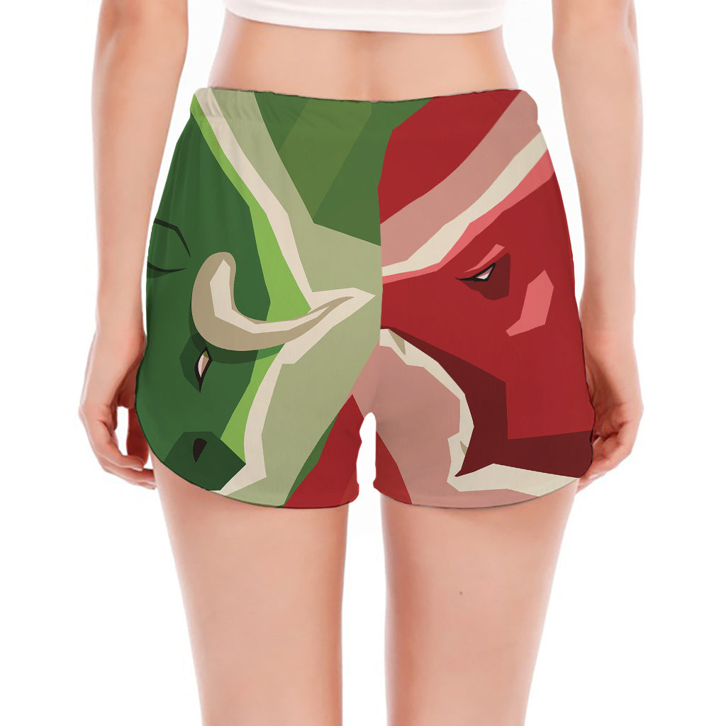 Green Bull And Red Bear Stock Print Women's Split Running Shorts