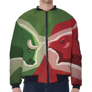 Green Bull And Red Bear Stock Print Zip Sleeve Bomber Jacket