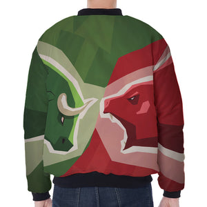 Green Bull And Red Bear Stock Print Zip Sleeve Bomber Jacket