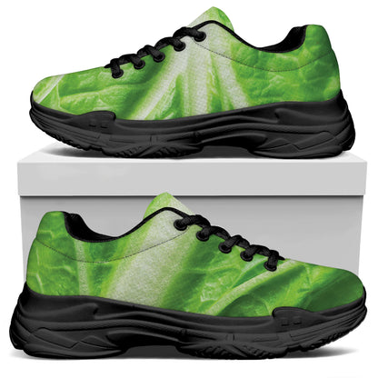 Green Cabbage Leaf Print Black Chunky Shoes