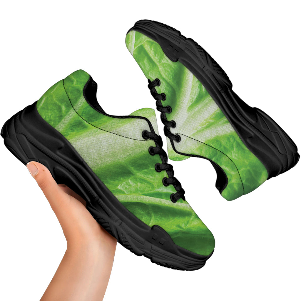 Green Cabbage Leaf Print Black Chunky Shoes