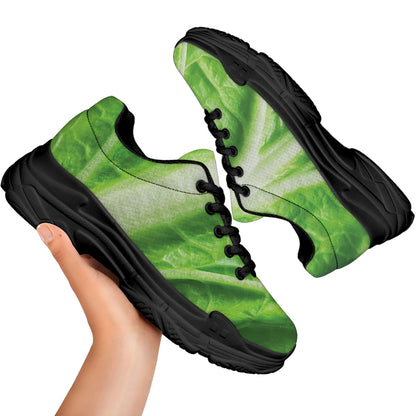 Green Cabbage Leaf Print Black Chunky Shoes