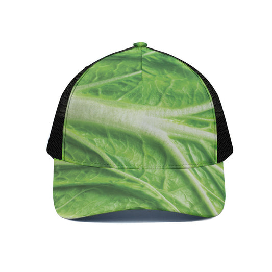 Green Cabbage Leaf Print Black Mesh Trucker Cap