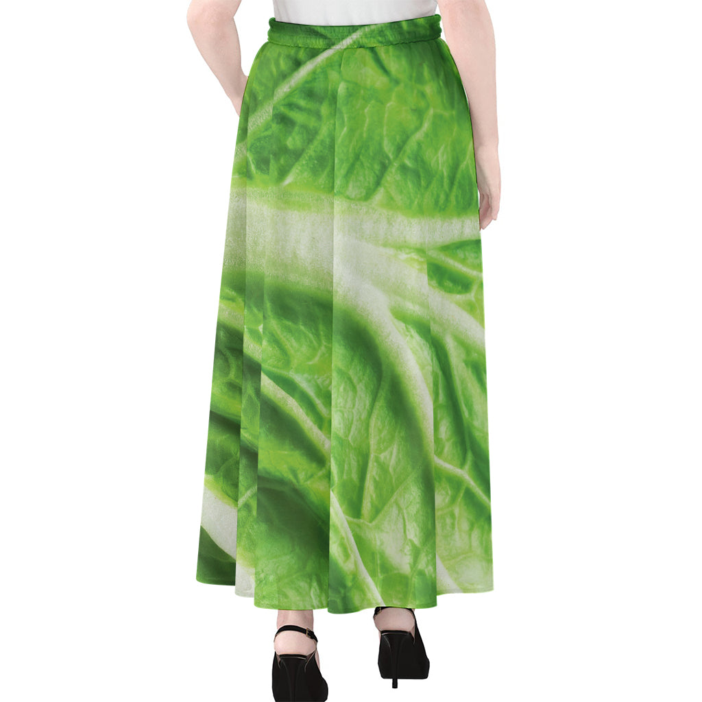 Green Cabbage Leaf Print Chiffon Maxi Skirt