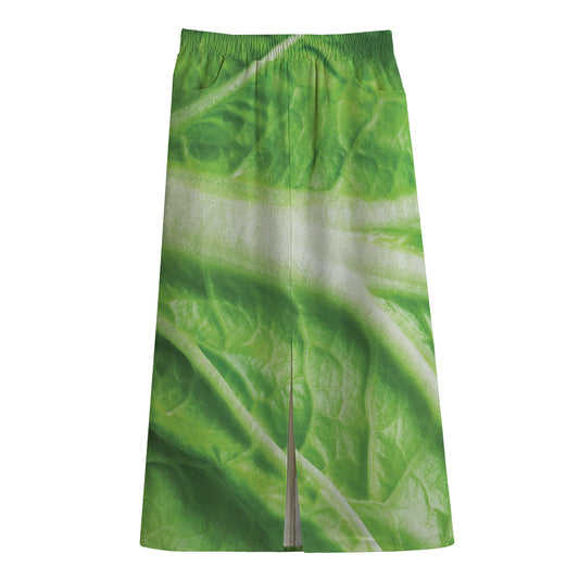 Green Cabbage Leaf Print Cotton Front Slit Maxi Skirt