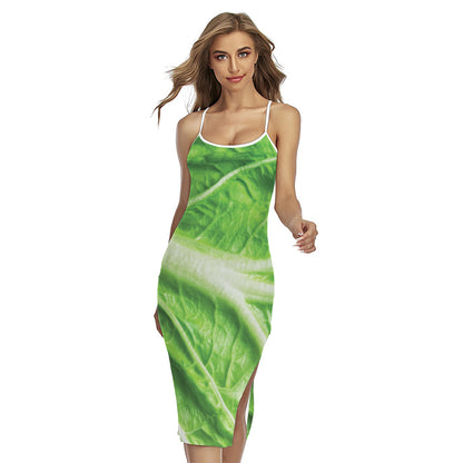 Green Cabbage Leaf Print Cross Back Cami Dress