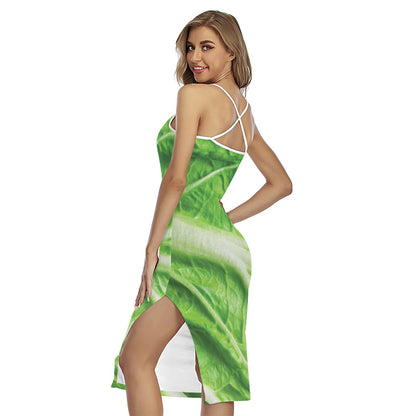 Green Cabbage Leaf Print Cross Back Cami Dress