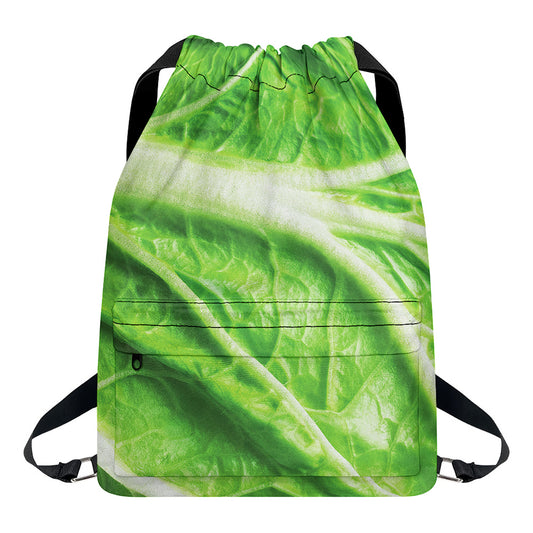 Green Cabbage Leaf Print Drawstring Backpack