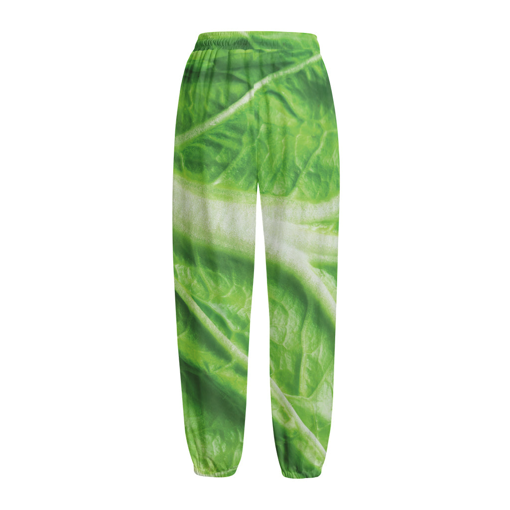 Green Cabbage Leaf Print Fleece Lined Knit Pants