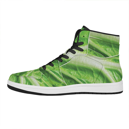 Green Cabbage Leaf Print High Top Leather Sneakers
