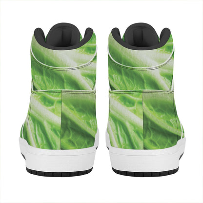 Green Cabbage Leaf Print High Top Leather Sneakers