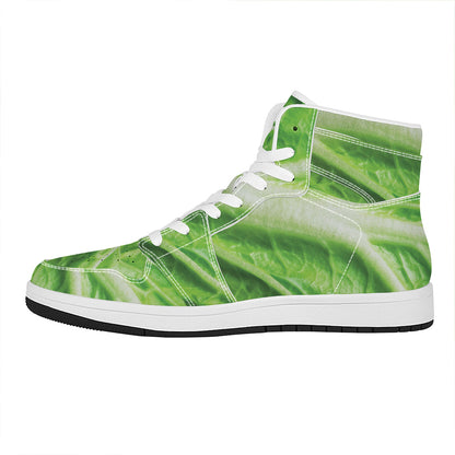 Green Cabbage Leaf Print High Top Leather Sneakers