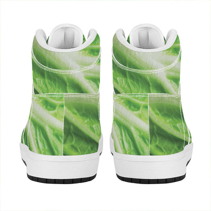 Green Cabbage Leaf Print High Top Leather Sneakers