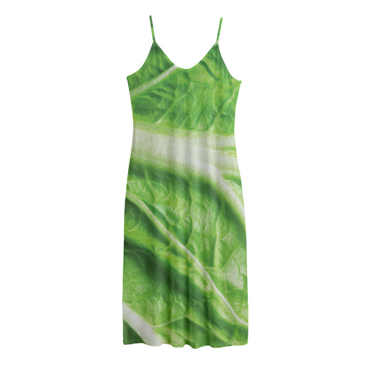 Green Cabbage Leaf Print Jersey Midi Cami Dress