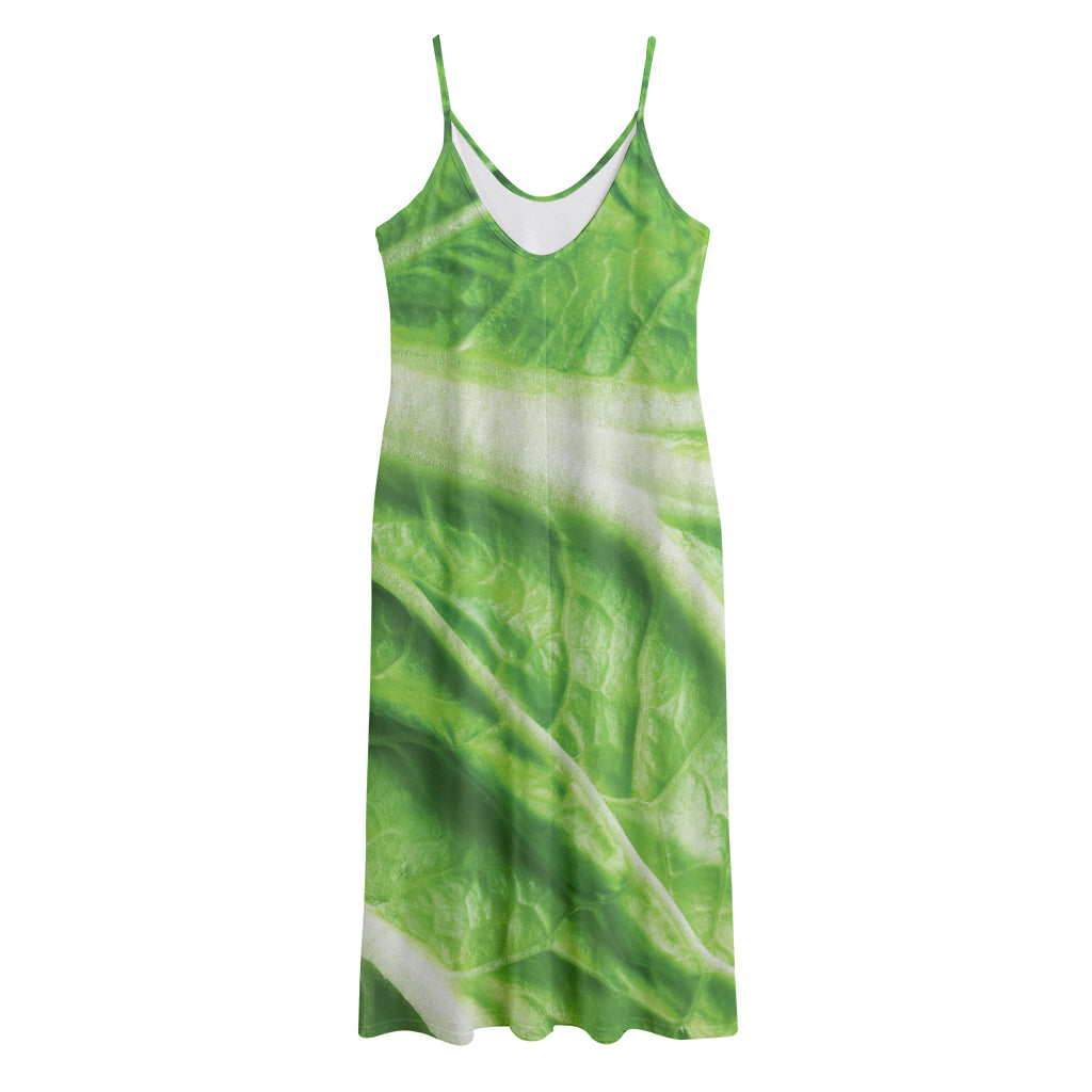 Green Cabbage Leaf Print Jersey Midi Cami Dress