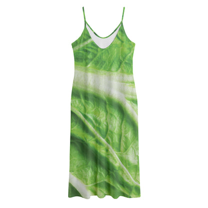 Green Cabbage Leaf Print Jersey Midi Cami Dress