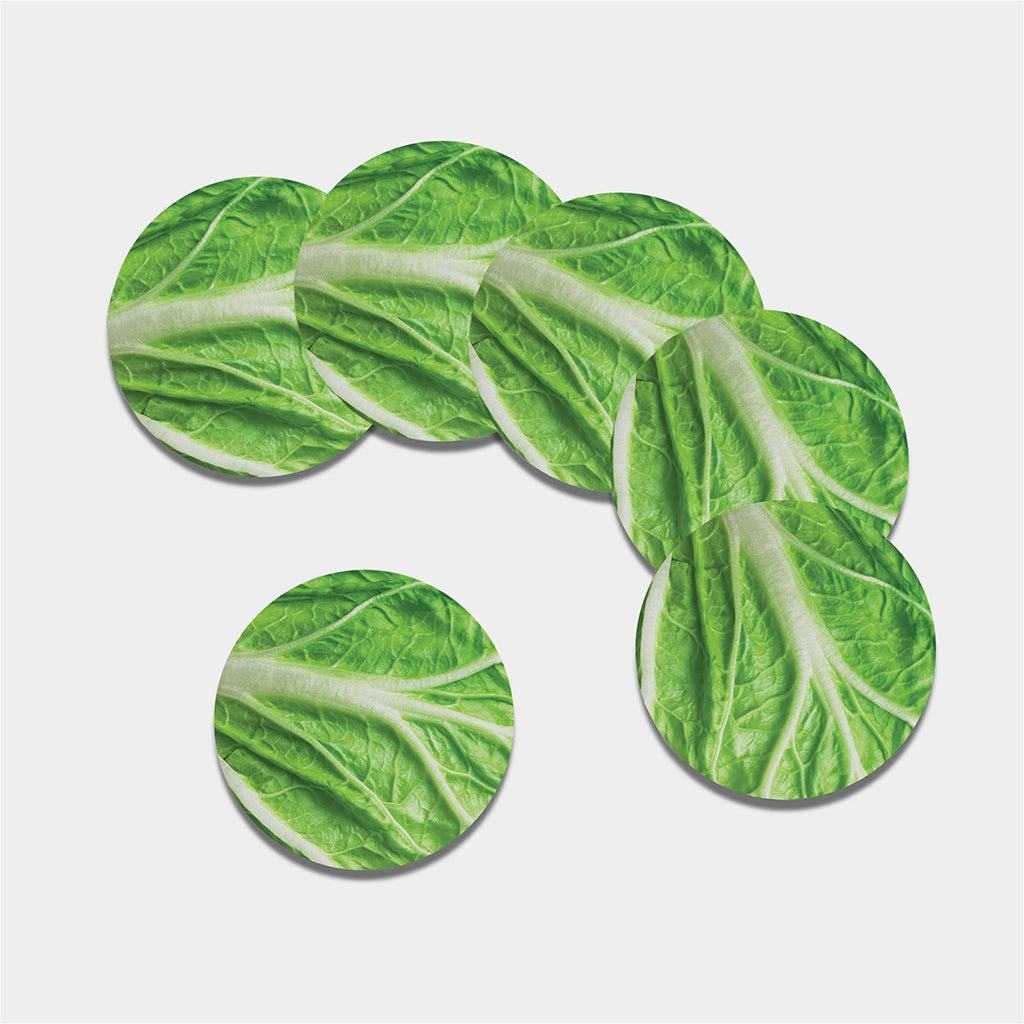Green Cabbage Leaf Print Leather Coaster Set
