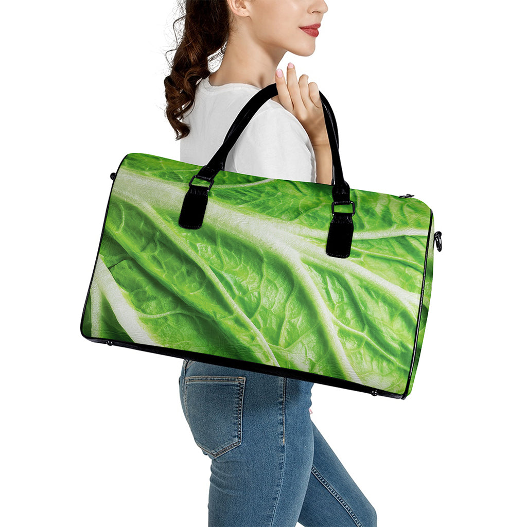 Green Cabbage Leaf Print Leather Duffle Bag
