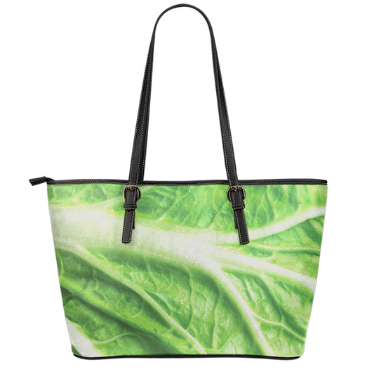 Green Cabbage Leaf Print Leather Tote Bag