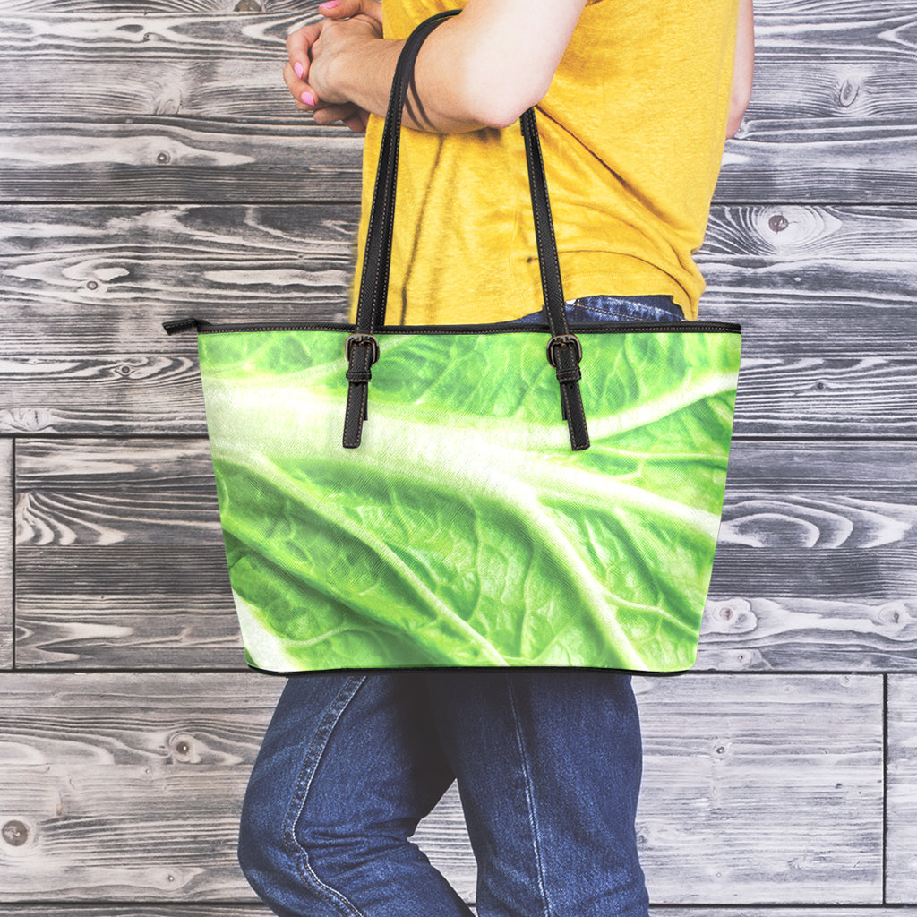Green Cabbage Leaf Print Leather Tote Bag