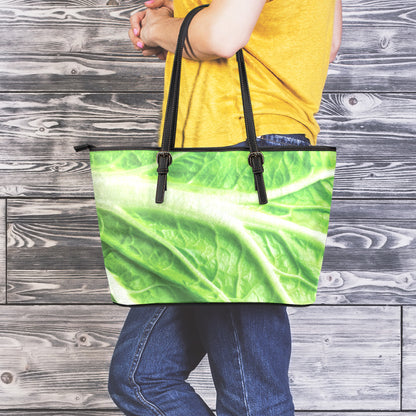 Green Cabbage Leaf Print Leather Tote Bag
