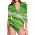 Green Cabbage Leaf Print Long Sleeve Swimsuit