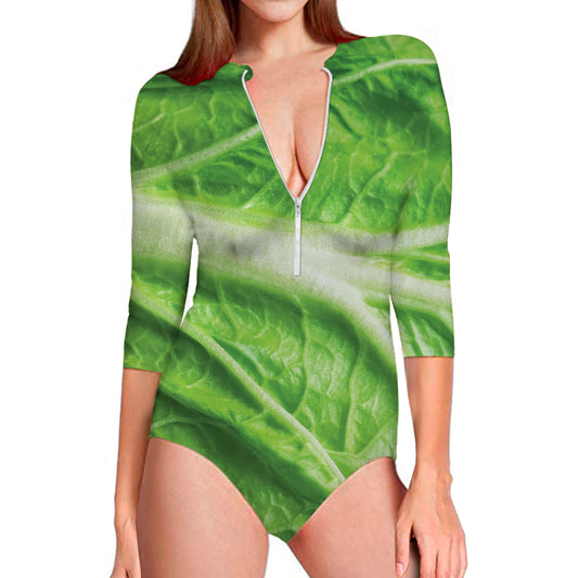 Green Cabbage Leaf Print Long Sleeve Swimsuit