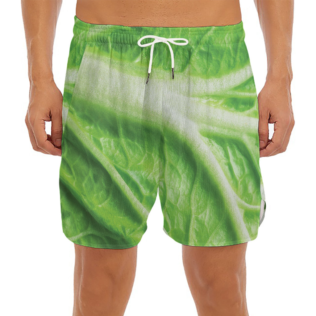 Green Cabbage Leaf Print Men's Split Running Shorts