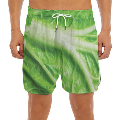 Green Cabbage Leaf Print Men's Split Running Shorts