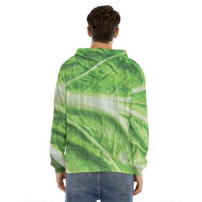 Green Cabbage Leaf Print Men's Velvet Pullover Hoodie