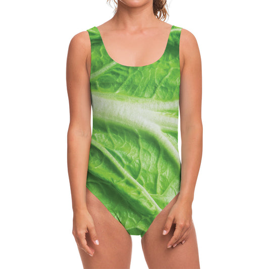 Green Cabbage Leaf Print One Piece Swimsuit