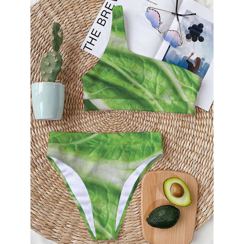 Green Cabbage Leaf Print One Shoulder Bikini Top