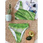 Green Cabbage Leaf Print One Shoulder Bikini Top