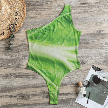 Green Cabbage Leaf Print One Shoulder Bodysuit