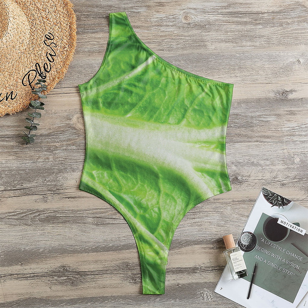 Green Cabbage Leaf Print One Shoulder Bodysuit