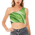 Green Cabbage Leaf Print One Shoulder Crop Top