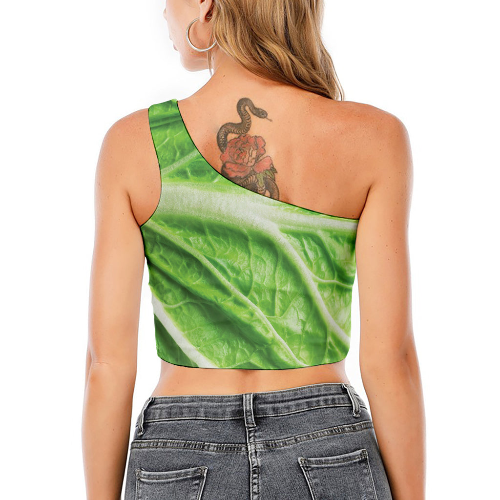 Green Cabbage Leaf Print One Shoulder Crop Top