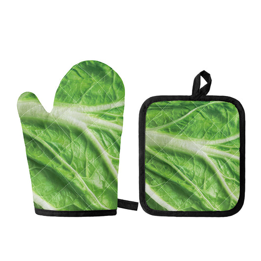 Green Cabbage Leaf Print Oven Mitt And Pot Holder Set