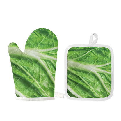 Green Cabbage Leaf Print Oven Mitt And Pot Holder Set