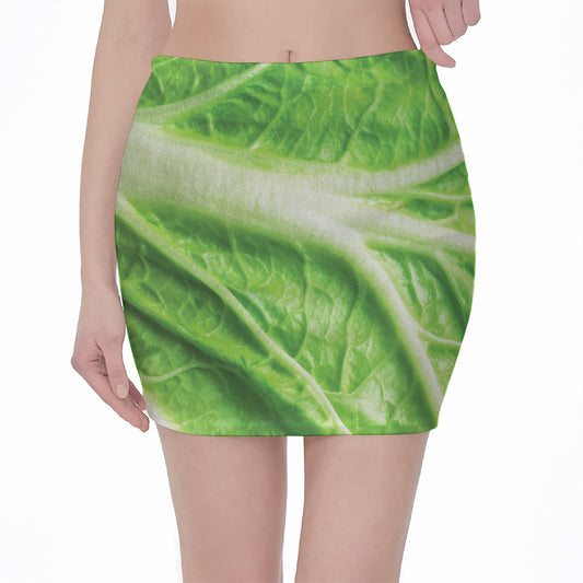 Green Cabbage Leaf Print Pencil Mini Skirt