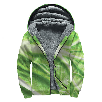 Green Cabbage Leaf Print Sherpa Lined Zip Up Hoodie