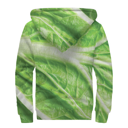 Green Cabbage Leaf Print Sherpa Lined Zip Up Hoodie